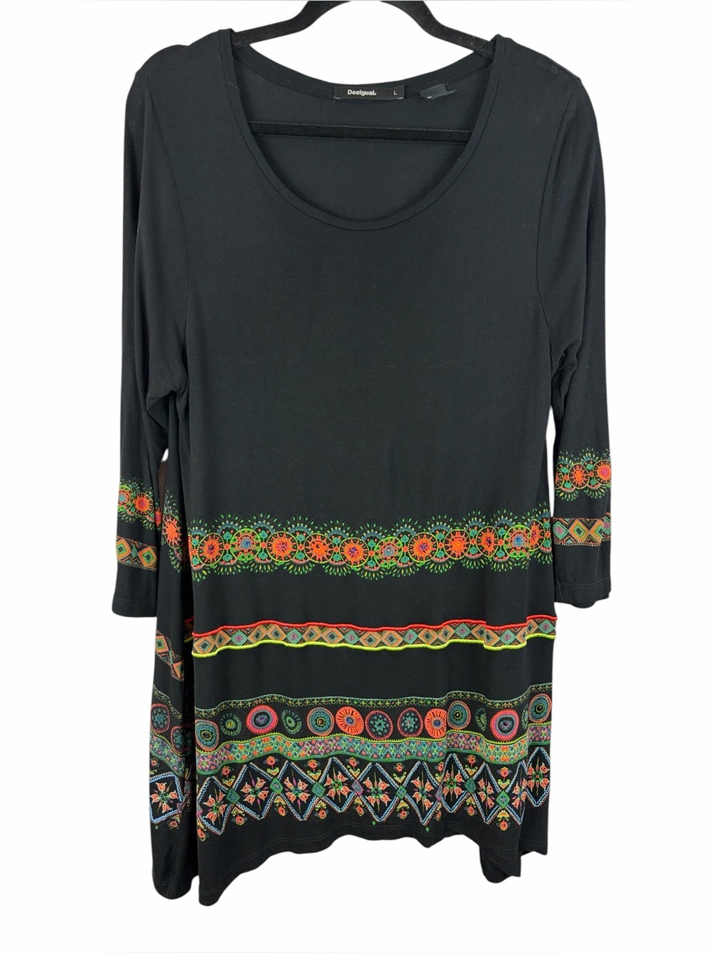 Desigual Black Boho Tunic Dress Floral Border Print Long Sleeve Size Large